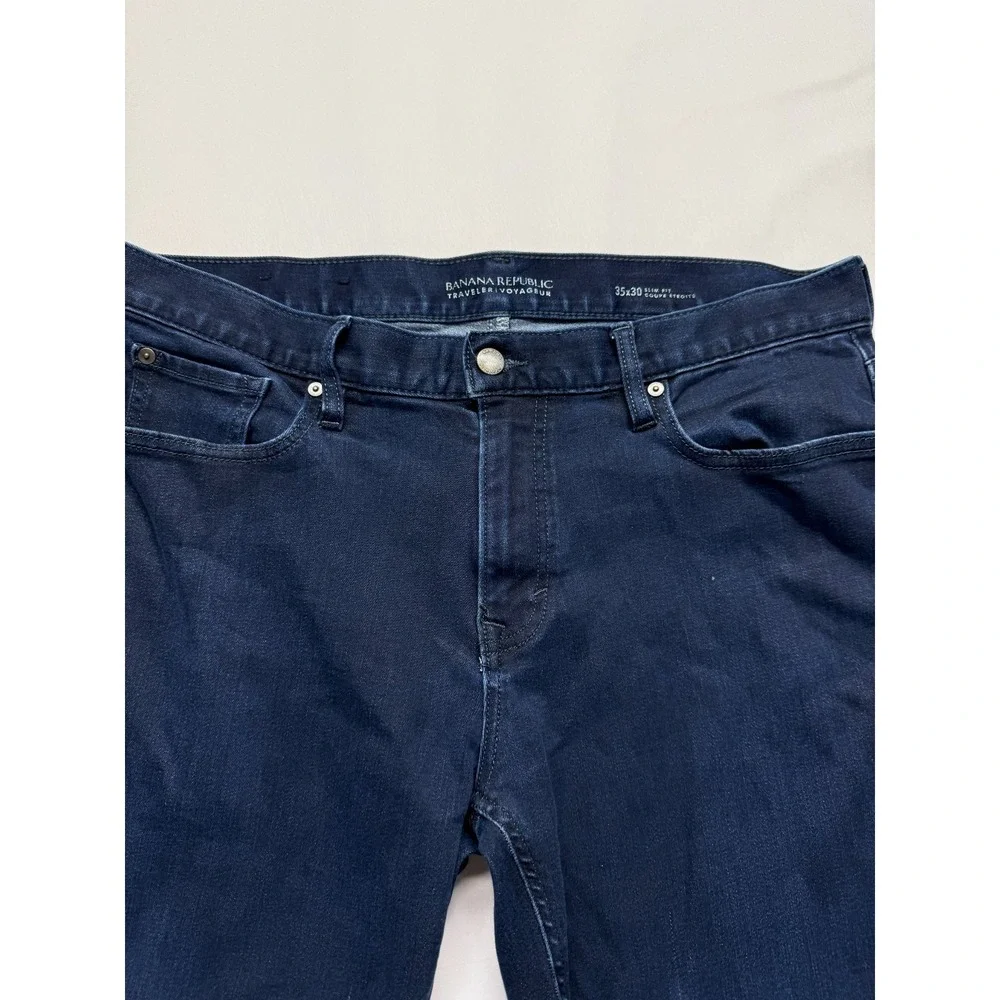 Banana Republic Traveler Jeans Mens 35x26 Blue Dark Wash Denim Slim Fit Low Rise